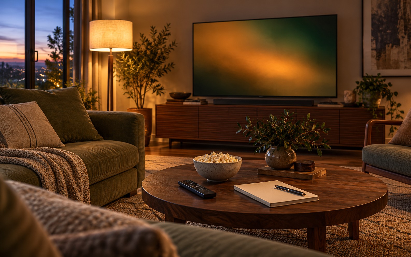 An inviting evening TV room with warm lighting, a remote, popcorn and a blank notebook on a walnut coffee table.